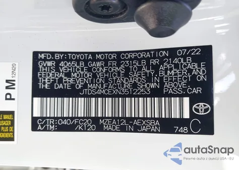 2022 Toyota Corolla Se z USA, uszkodzony, nr VIN JTDS4MCEXN3512253